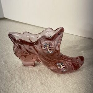 Vintage Fenton Pink Floral Art Glass Slipper Shoe Hand Painted Signed Fleming